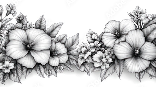 Monochrome hibiscus, floral border on white, elegant design element