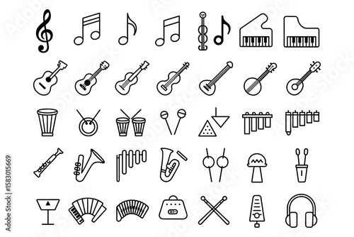 Music icons flat vector black and white line set
