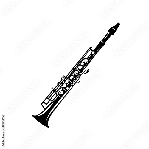 Black musical instrument icon representing a woodwind in minimalist design with detailed features and sleek lines