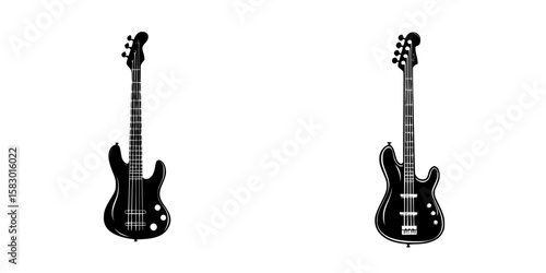 Two black electric guitars with distinct designs displayed against a white background