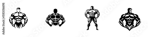 Stylized black icons of muscular men showcasing fitness and strength in a dynamic posture