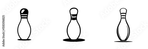 Three black bowling pins with distinct designs placed on a white background showcasing different styles