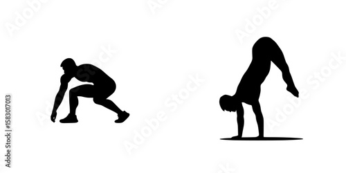 Dynamic poses of a man in a crouch and a woman in a handstand showcasing athleticism and body control