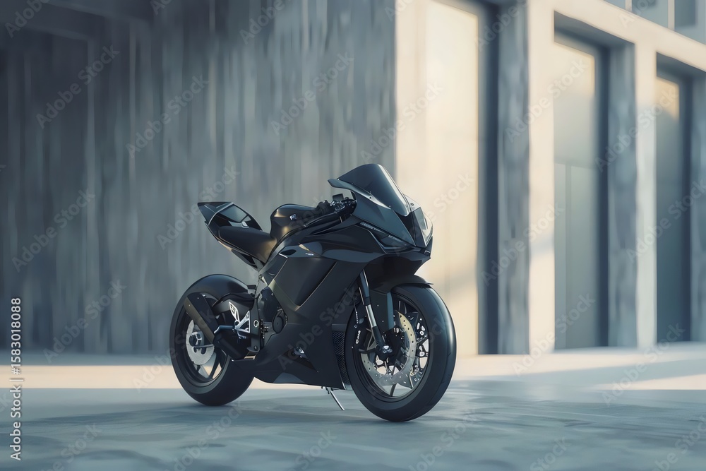 A sleek, matte black sportbike parked on a modern concrete plaza under soft natural light, showcasing its aggressive yet elegant design. High attention to detail with realistic textures, shadows, and A sleek, matte black sportbike parked on a modern concrete plaza under soft natural light, showcasing its aggressive yet elegant design. High attention to detail with realistic textures, shadows, and