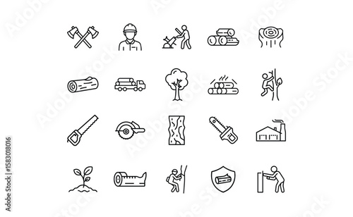 Forestry and Woodworking Icon Set in Line Art.