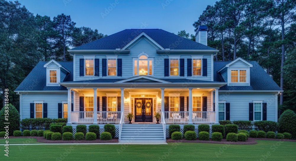 Obraz premium Elegant Suburban Home with Inviting Porch at Dusk, American Dream Home with Manicured Lawn and Warm Interior Lighting