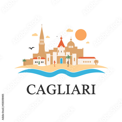 Wallpaper Mural Vector skyline of Cagliari with colorful architecture, sun, palm trees and sea. Sardinian city in a flat warm style for travel design Torontodigital.ca