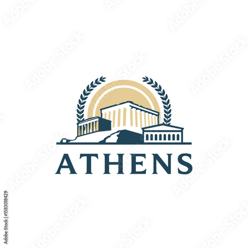Vector illustration of Athens with classical temples and laurel wreath. Greek city symbol in flat historic style with golden sun