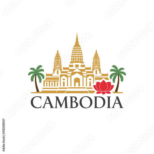 Vector illustration of Angkor Wat temple in Cambodia with palm trees and lotus flower. Flat style cityscape for travel and culture themes
