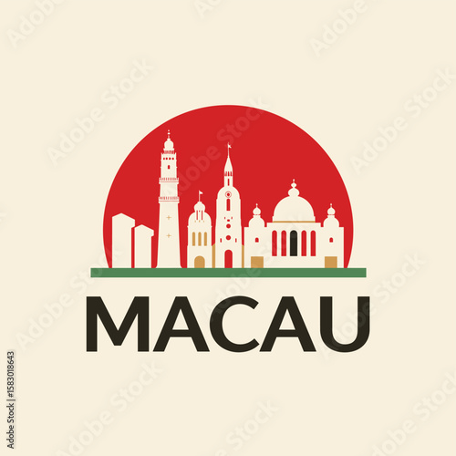 Flat vector illustration of Macau with historic buildings, towers and red sun backdrop. Cultural skyline in minimalist style