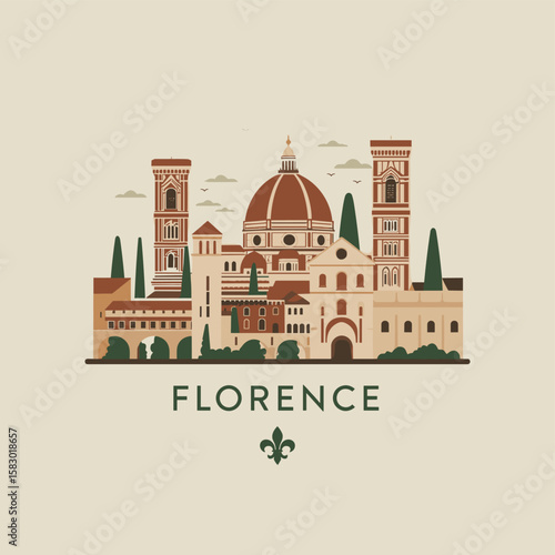 Stylized vector skyline of Florence with cathedral, towers, domes and cypress trees. Elegant Italian city travel illustration