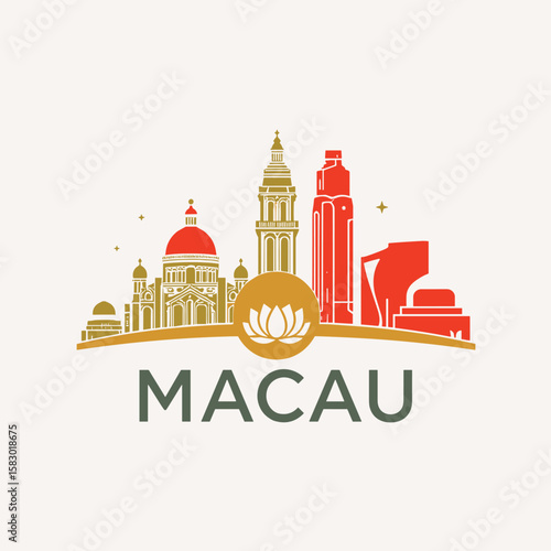 Elegant vector illustration of Macau skyline with iconic towers, domes, temples and lotus symbol. Cultural and modern city scene