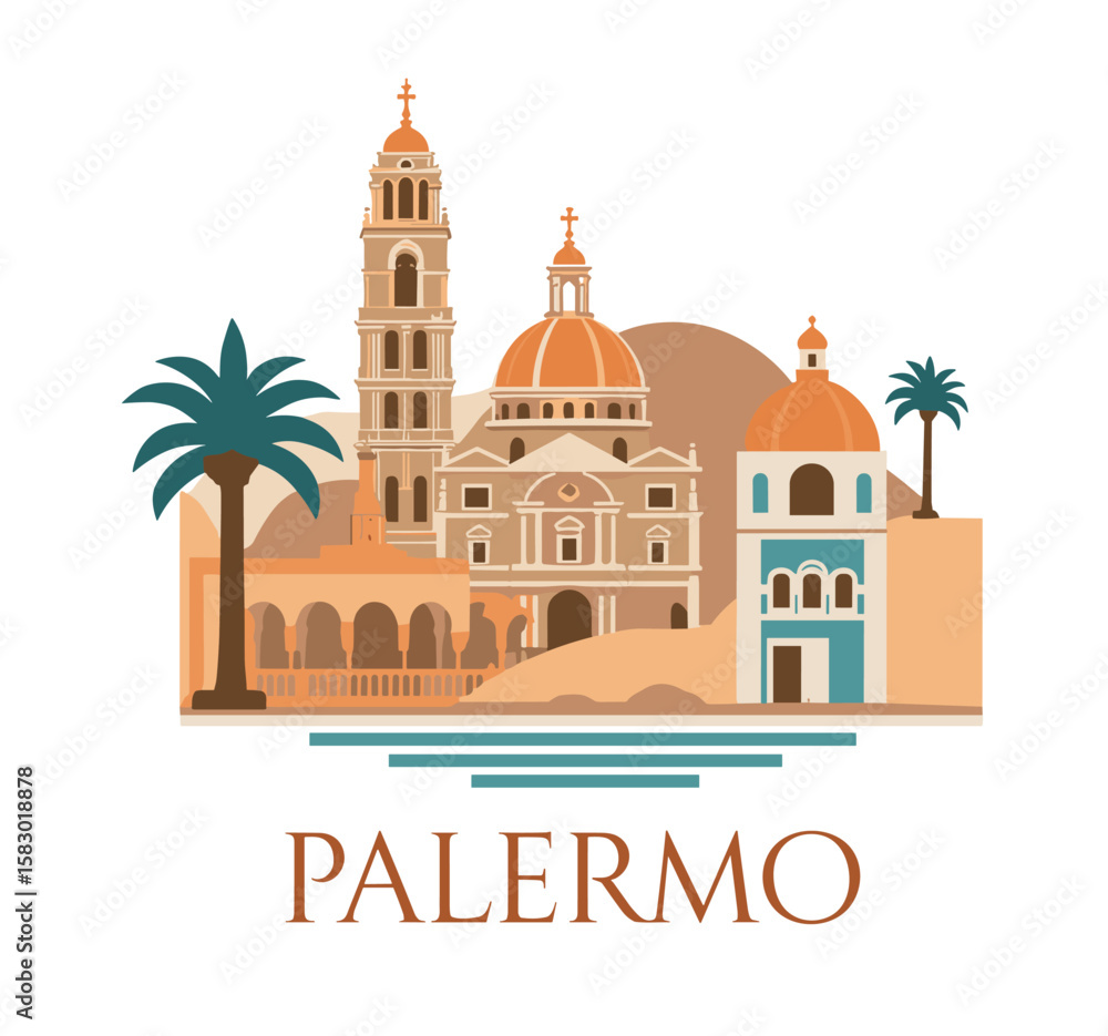 Obraz premium Elegant vector illustration of Palermo with domes, palm trees and classic baroque architecture. Italian city skyline in warm colors