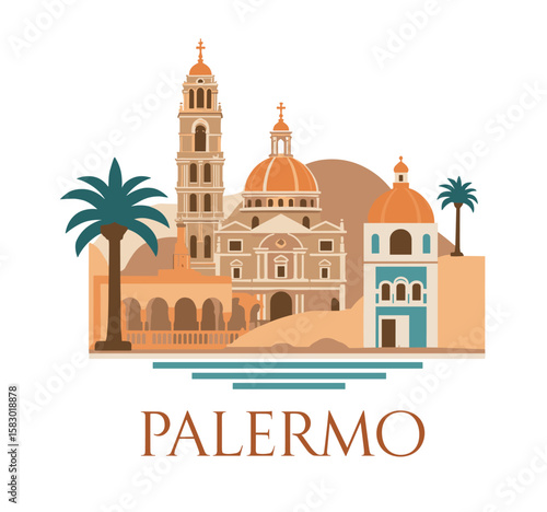 Elegant vector illustration of Palermo with domes, palm trees and classic baroque architecture. Italian city skyline in warm colors