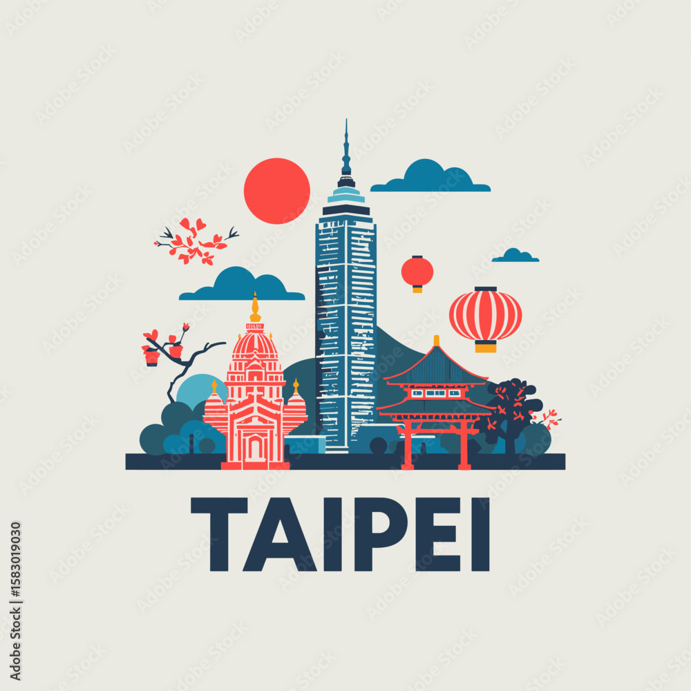 custom made wallpaper toronto digitalModern vector illustration of Taipei skyline with famous buildings, temples, lanterns, flowers and nature. Travel concept for Taiwan’s capital city