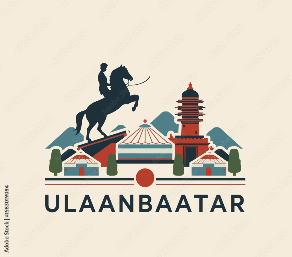 Fototapeta premium Modern vector illustration of Ulaanbaatar with horse rider statue, temple, yurts and mountains. Cultural and historical travel destination in Mongolia