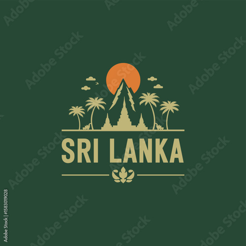 Minimal vector of Sri Lanka with tropical mountain landscape, sun, palm trees and stupa silhouette in earthy tones