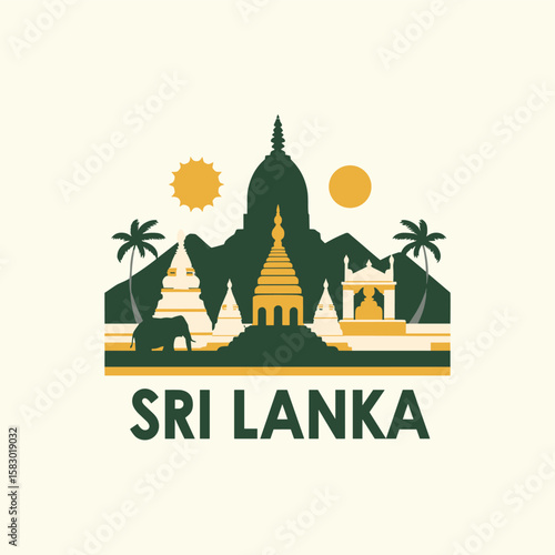 Vector illustration of Sri Lanka with temples, elephant, palms, mountains, and sun. Cultural travel concept in flat graphic style
