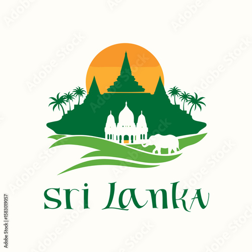 Colorful vector of Sri Lanka with elephants, domed temples, palm trees and tropical landscape at sunrise