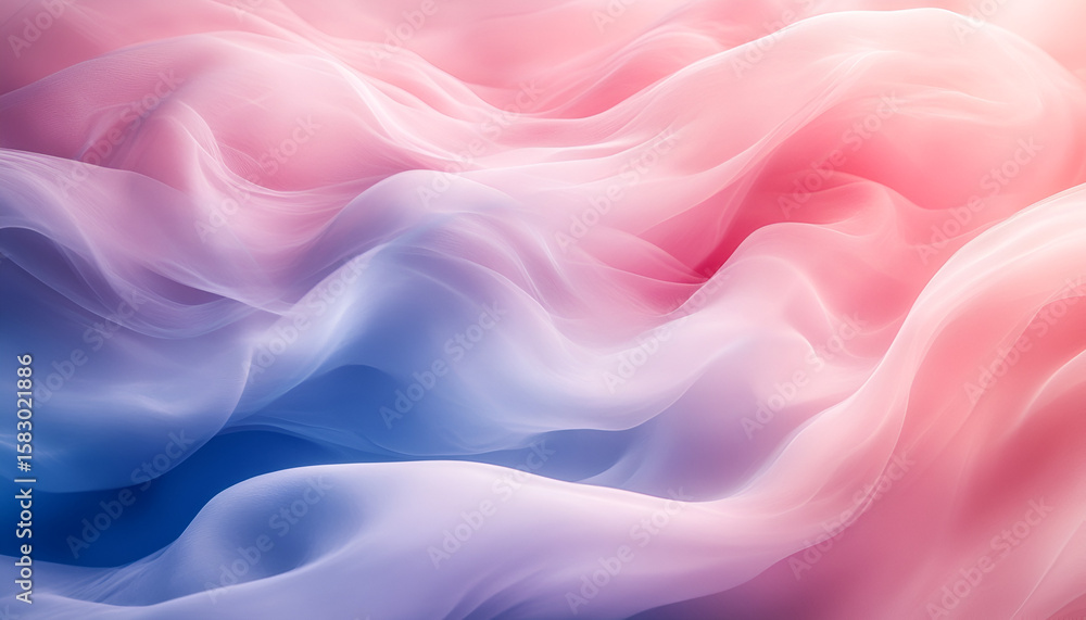 Fototapeta premium Abstract flowing waves of blended pink, red, and blue colors create a soft, dreamy, and ethereal background texture.