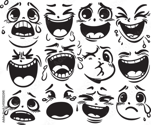 Funny cartoon faces vector icon set with diverse characters and humorous expressions