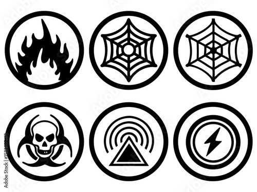 Collection of warning and hazard symbols in circular frames
