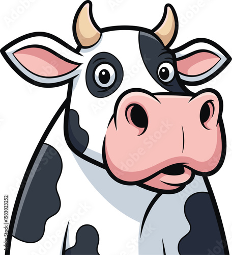 Cartoon cow with black and white spots and big pink nose. Animal illustration, farm animal, mammal, cute, graphic.