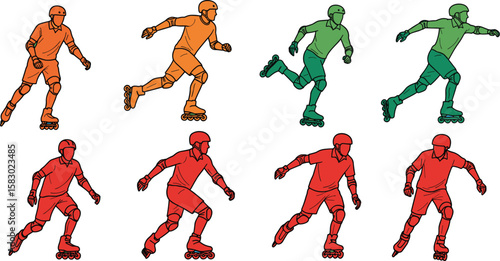 People are inline skating on a blue background. Rollerblading, sport, activity, recreation, exercise, skate