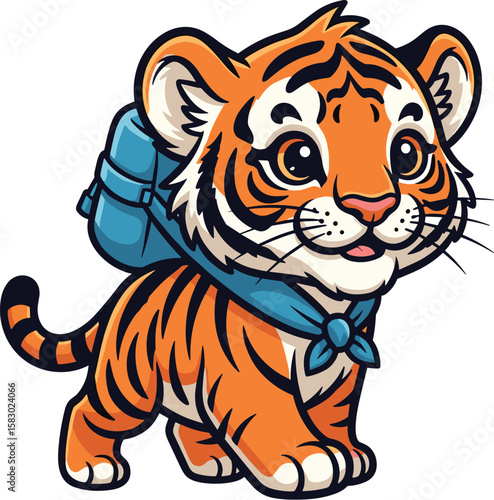 Tiger cub goes on adventure with backpack. Cartoon animal character with blue travel bag and scarf, hiking and exploration, cute wildlife