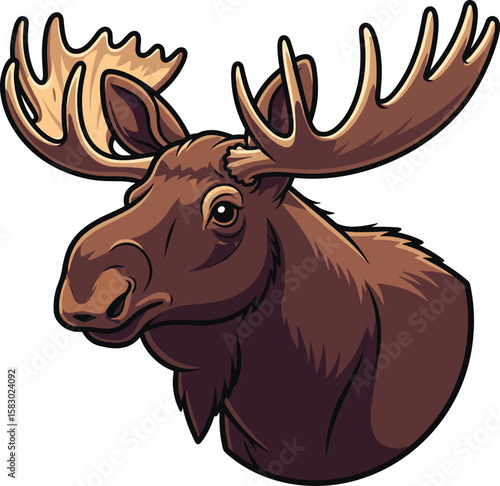 Cartoon moose head with antlers looks toward camera. Wildlife animal, mammal, mascot, nature, zoo, forest