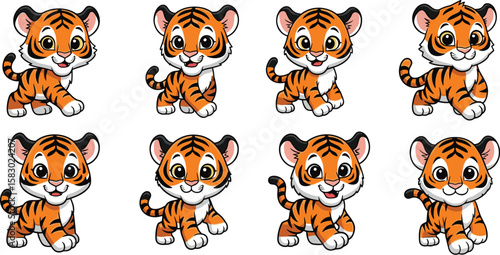 Cartoon tiger cubs pose on a white background. Cute animal characters, wildlife, illustration, animation, art, drawing