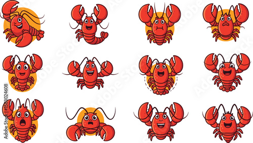 Cartoon lobsters express various emotions. Cute crustacean characters, fun seafood illustration, marine life.