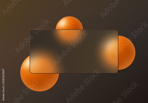 Dark glass morphism panel with burnt orange spheres on brown background.