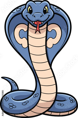 Cartoon cobra smiles with its hood raised, ready to strike. Animated reptile, danger, wildlife, venomous animal.
