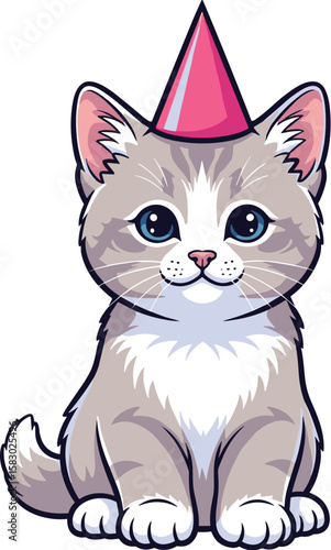 Cute kitten wears a party hat and sits patiently. Celebratory occasion, birthday party, happy, joy, event