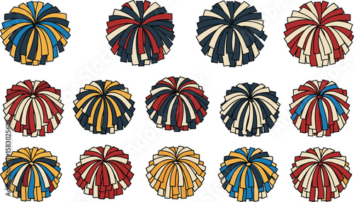 Colorful pom-poms are displayed in rows and columns. Cheerleading, spirit, support, team, performance