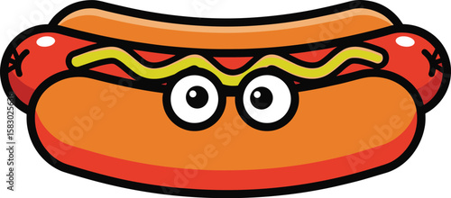 Cartoon hot dog with eyes and mustard smiles. Fun food illustration, comical lunch character, foodie design