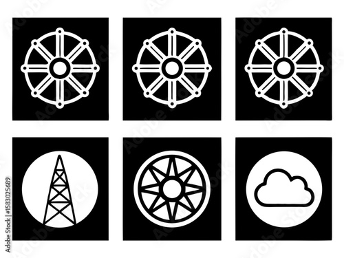 Collection of six simple white icons on black backgrounds