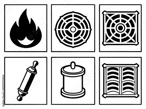 Collection of six black and white icons representing fire wheels and scrolls