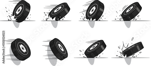 A hockey puck hits the ground in a cartoon animation. Sports equipment, ice hockey, motion, impact, collision, animation, comic book, cartoon, speed, action.