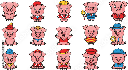 Cartoon pigs wearing different clothing and hats are showcased. Fun, cute, diverse, style, costume, piglet