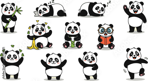 Collection of cute pandas poses in various activities. Cartoon illustration, adorable animals, asian bear, happy characters