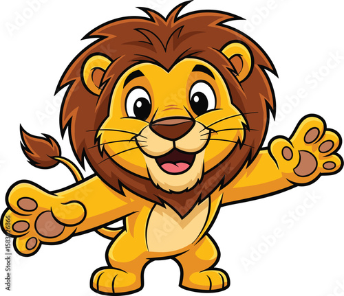 Cartoon lion waves its paws with a smile. Friendly animal mascot, cheerful character, cartoon illustration, cute design