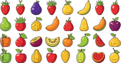 Variety of cartoon fruits with happy faces displayed. Healthy eating, food illustration, comic style, cute fruit.