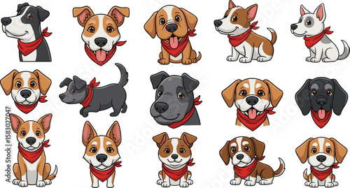Cartoon dogs wear bandanas around their necks. Cute animals, pets, vector illustration, dog breeds, domestic animals