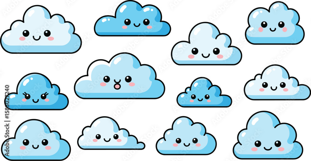 Fototapeta premium Clouds show various cute expressions. Weather icons, kawaii, sky, cartoon, climate