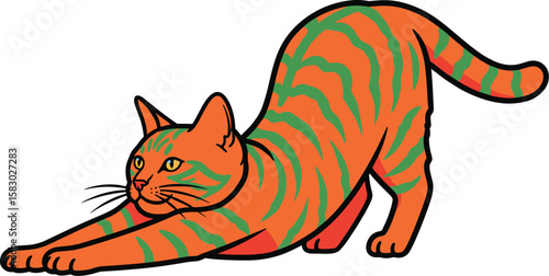 Cat stretches its body, relaxing muscles. Feline flexibility, playful domestic pet, stretching exercise.