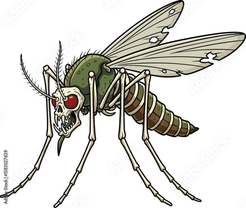Cartoon mosquito displays a skull face and bony legs. Pest control concept, insect anatomy, death, vector art.