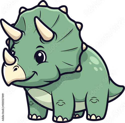Cute cartoon triceratops dinosaur stands smiling. Prehistoric animal, paleontology, illustration, children's character.