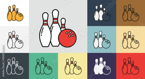 Bowling pins and ball in various color schemes. Bowling game, sport, recreation, leisure